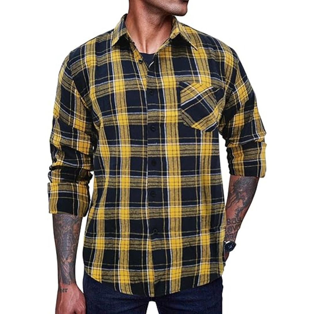 COOFANDY Men's Flannel Plaid Long Sleeve‎ Casual Cotton Button Down Shirts Sz S